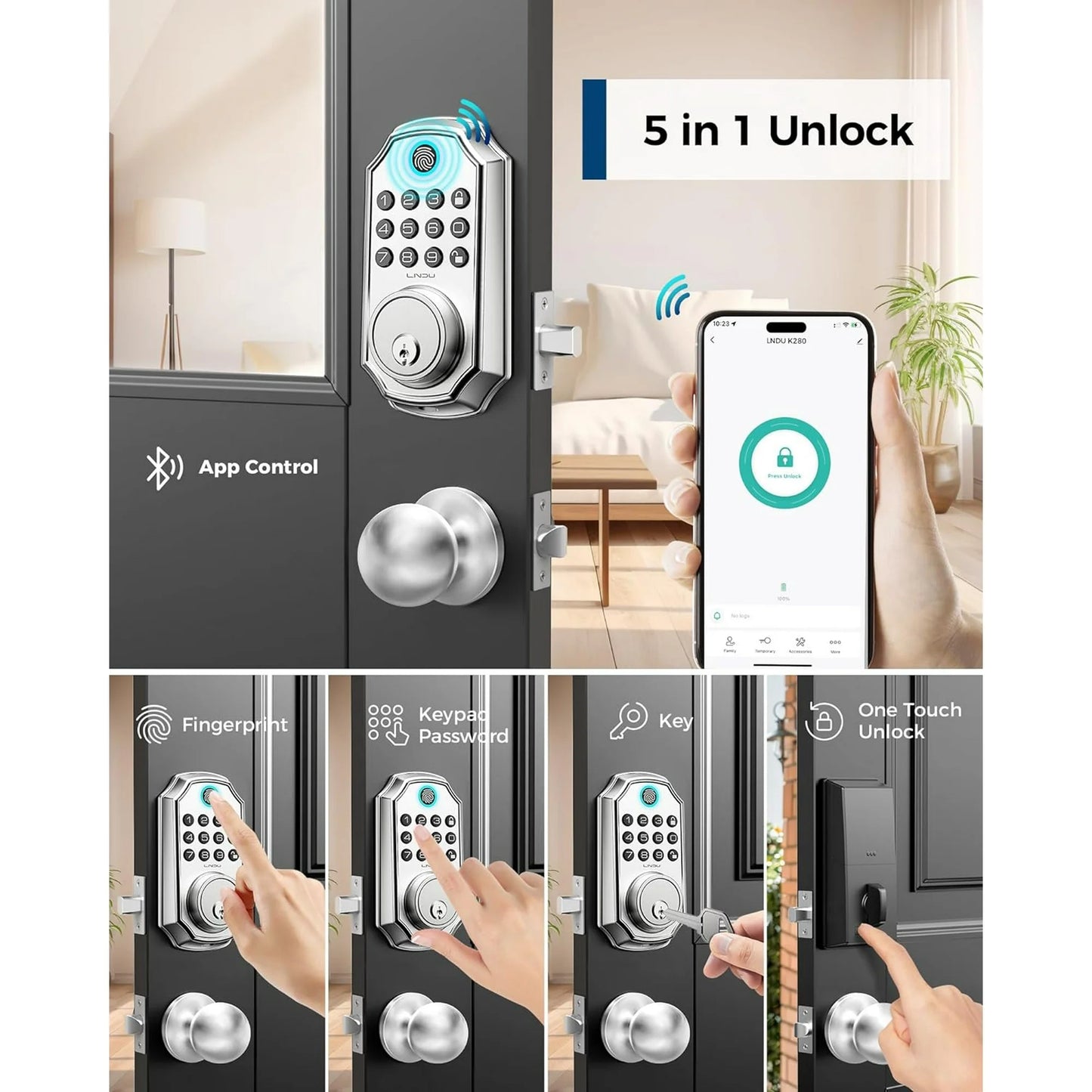 LNDU Keyless Entry Door Lock with Handle, Smart Lock Set with App Control, Fingerprint Door Lock, 100 Codes for Entry Door, Automatic Lock, Anti-Beep Password