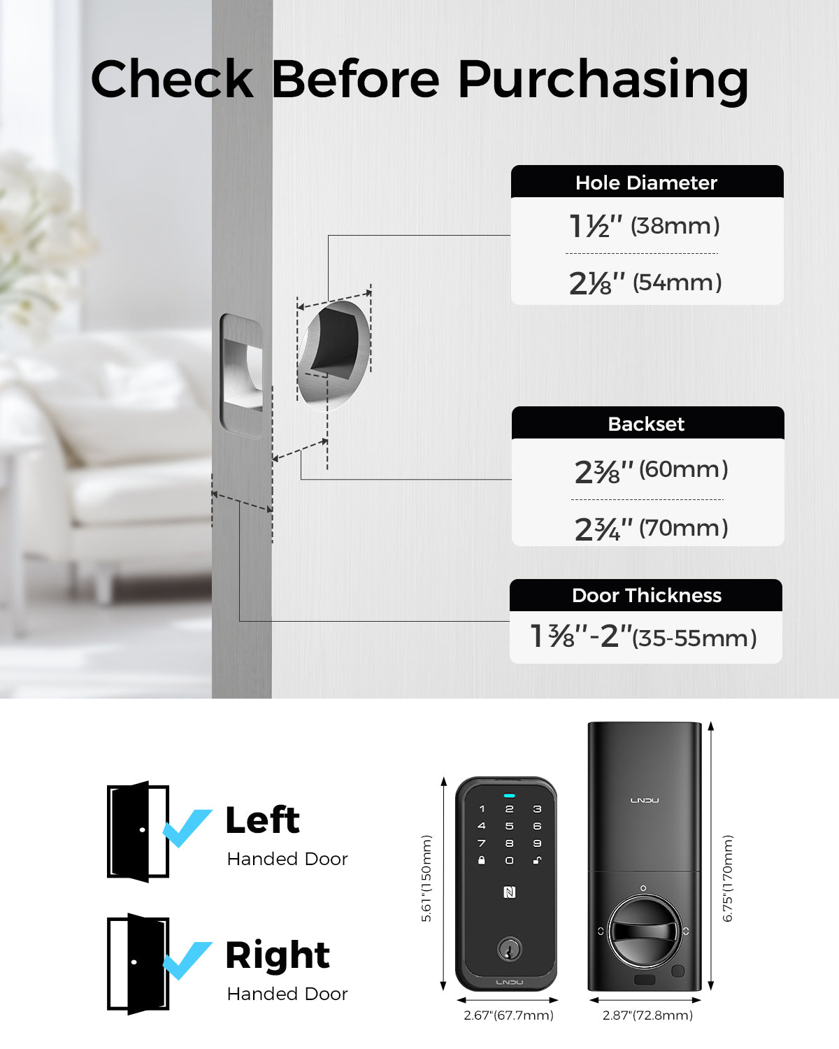 LNDU HK01 Keyless Entry Fingerprint Door Lock with Apple Home, Tap to Unlock,Smart Electronic Code Door Lock for Front Door or Back, Keypad Door Lock with Handle