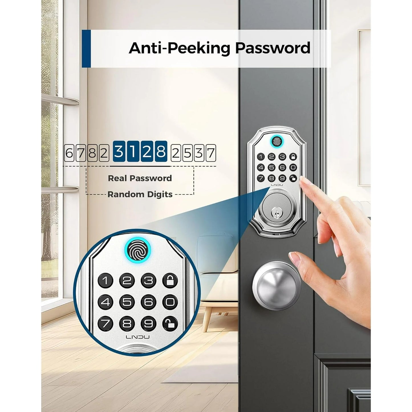 LNDU Keyless Entry Door Lock with Handle, Smart Lock Set with App Control, Fingerprint Door Lock, 100 Codes for Entry Door, Automatic Lock, Anti-Beep Password