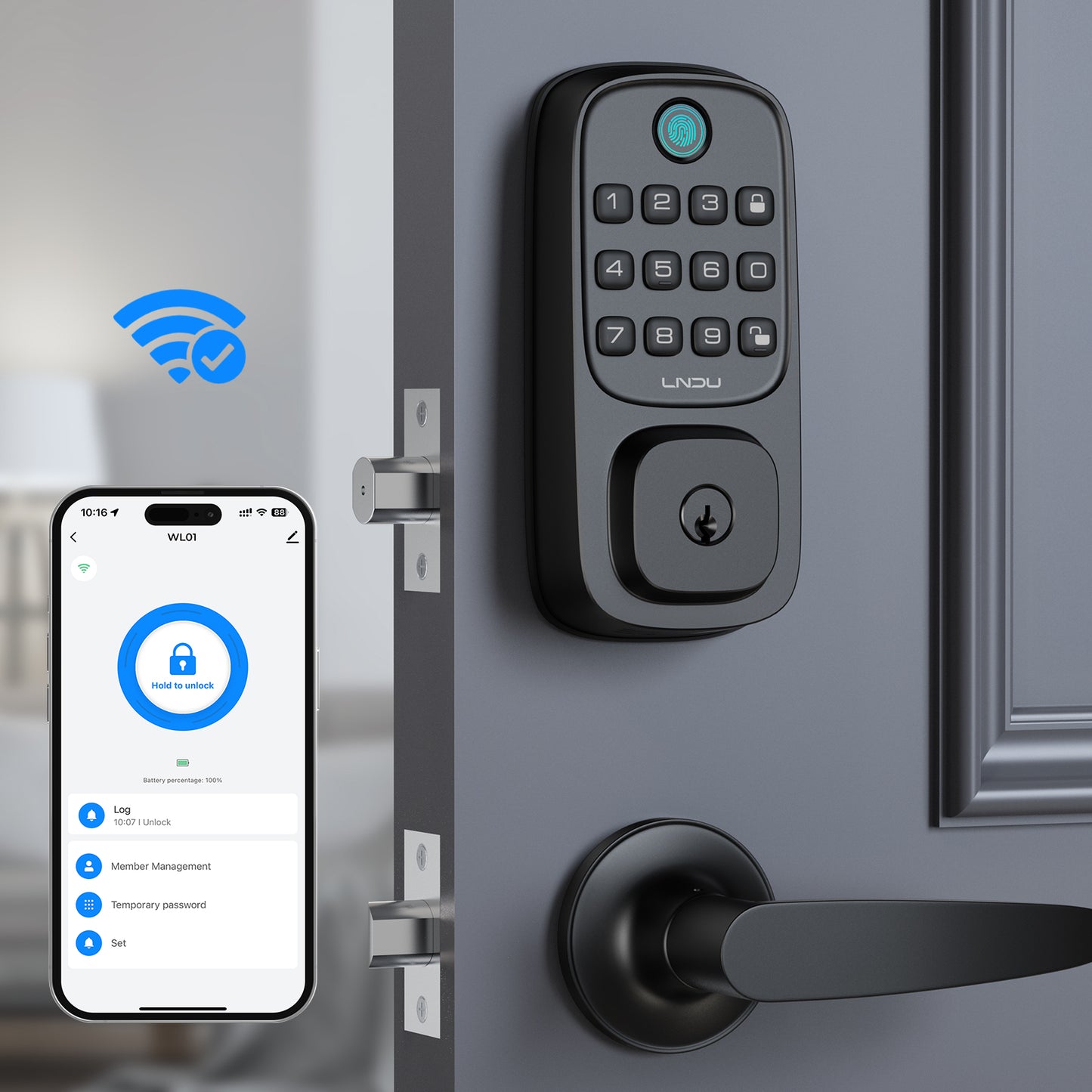 LNDU WL01 Keyless Entry Door Lock, WiFi Smart Keypad Deadbolt with Handle Set, Supports Fingerprint, Amazon Alexa, Google Assistant, App Control, Auto-Lock, One-Time Code, Anti-Peeking Password