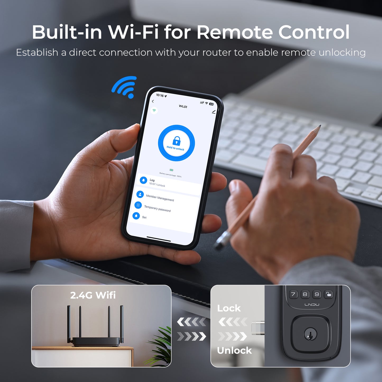 LNDU WL01 Keyless Entry Door Lock, WiFi Smart Keypad Deadbolt with Handle Set, Supports Fingerprint, Amazon Alexa, Google Assistant, App Control, Auto-Lock, One-Time Code, Anti-Peeking Password