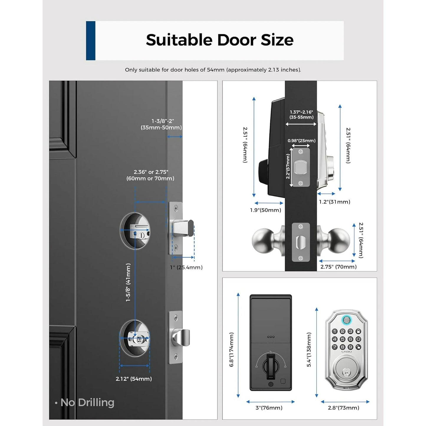 LNDU Keyless Entry Door Lock with Handle, Smart Lock Set with App Control, Fingerprint Door Lock, 100 Codes for Entry Door, Automatic Lock, Anti-Beep Password