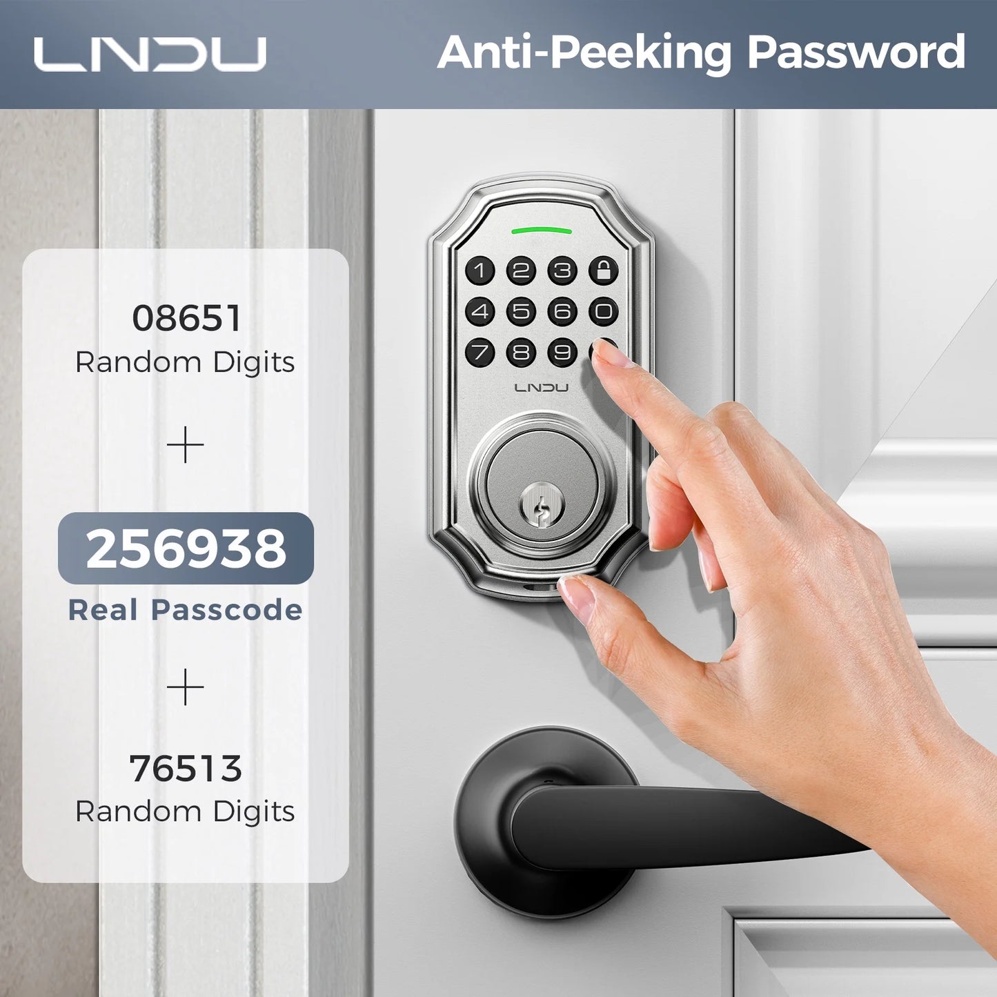 LNDU L180 Smart Door Lock with Handle, Electronic Keypad Deadbolt with App Control, Keyless Entry Door Lock Handle Set, 100 Entry Door Codes, Unique Password, Automatic Deadbolt, One-Touch Locking, Silver