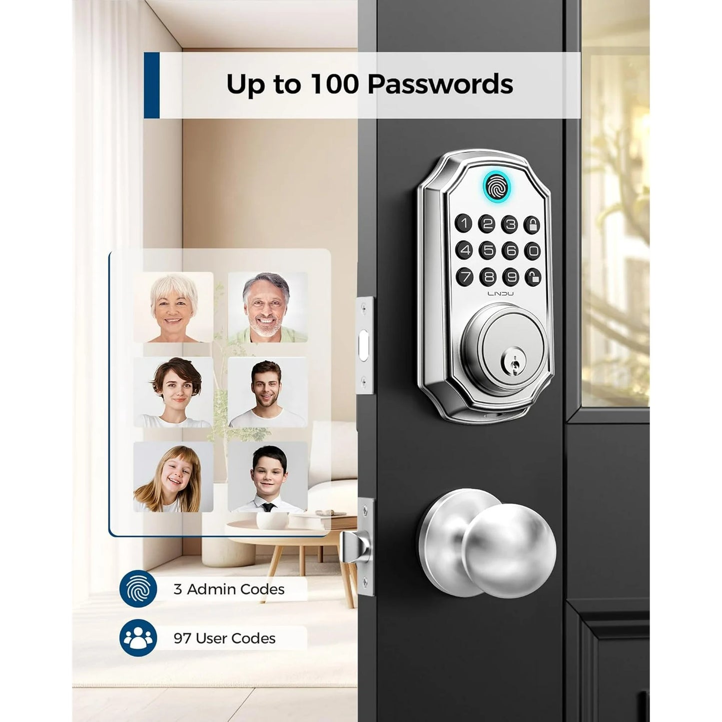 LNDU Keyless Entry Door Lock with Handle, Smart Lock Set with App Control, Fingerprint Door Lock, 100 Codes for Entry Door, Automatic Lock, Anti-Beep Password