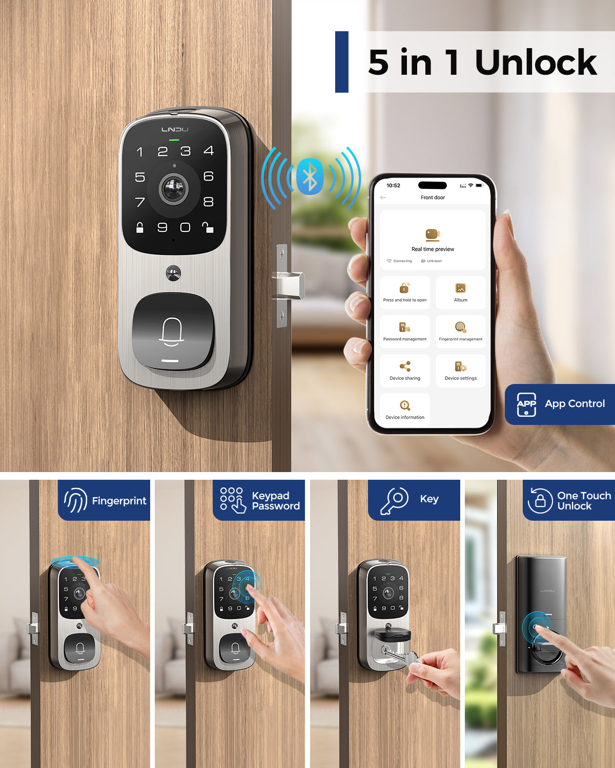 LNDU AL502 Smart Lock with Camera, 6 in 1 Camera+Doorbell+Fingerprint Keyless Entry Door Lock, WiFi Door Locks for Front Door with 32GB eMMC, 2K Doorbell Camera, App Control, PIR Detection, Chime Included