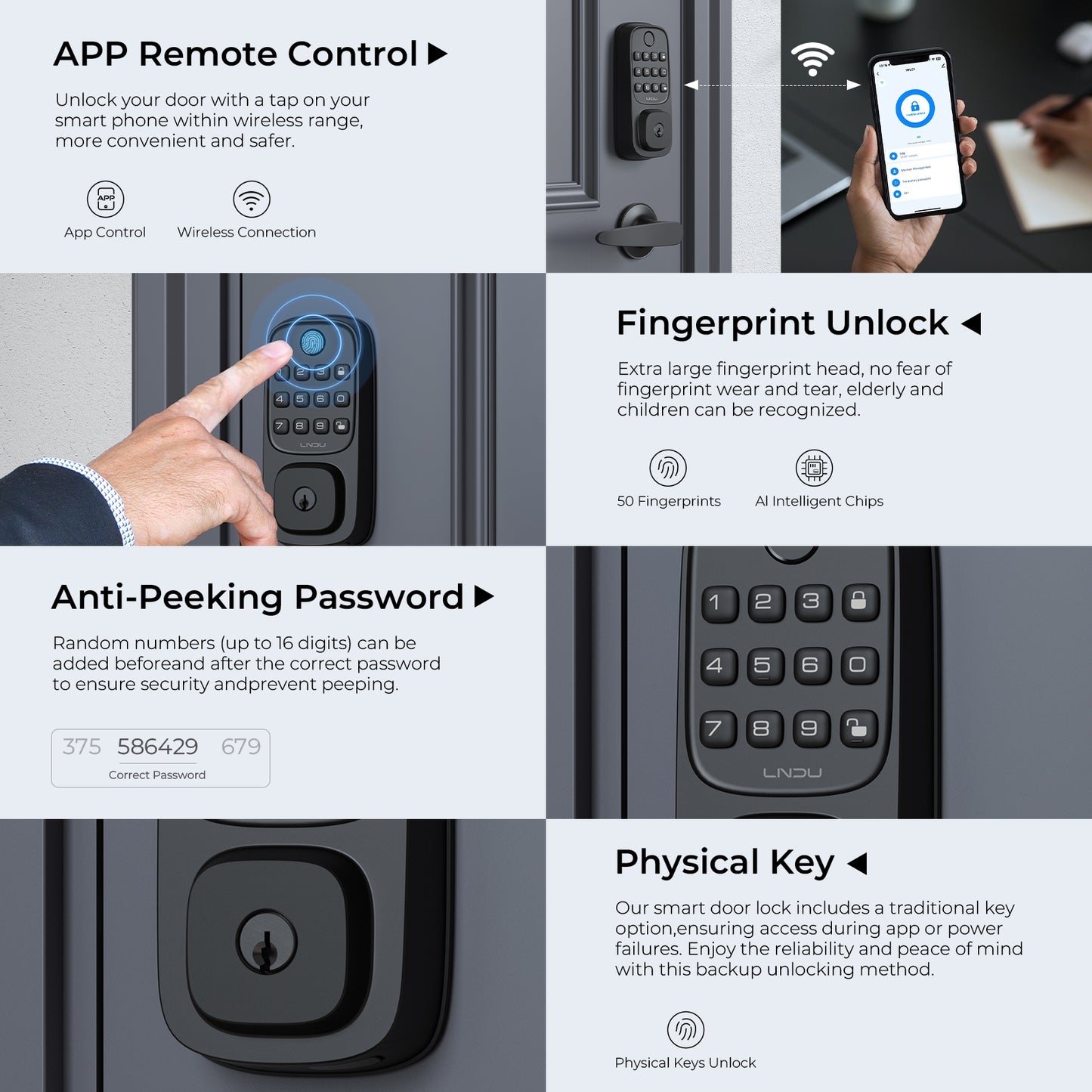 LNDU WL01 Keyless Entry Door Lock, WiFi Smart Keypad Deadbolt with Handle Set, Supports Fingerprint, Amazon Alexa, Google Assistant, App Control, Auto-Lock, One-Time Code, Anti-Peeking Password