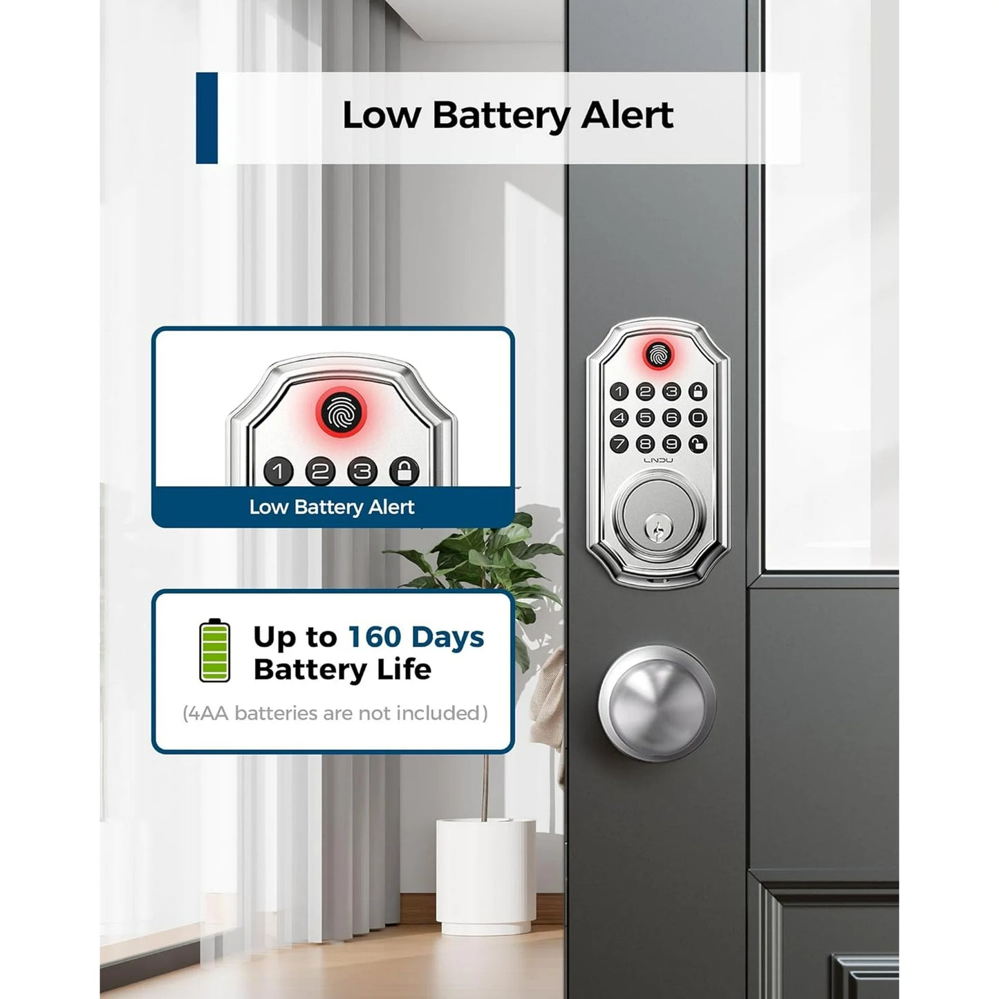 LNDU Keyless Entry Door Lock with Handle, Smart Lock Set with App Control, Fingerprint Door Lock, 100 Codes for Entry Door, Automatic Lock, Anti-Beep Password
