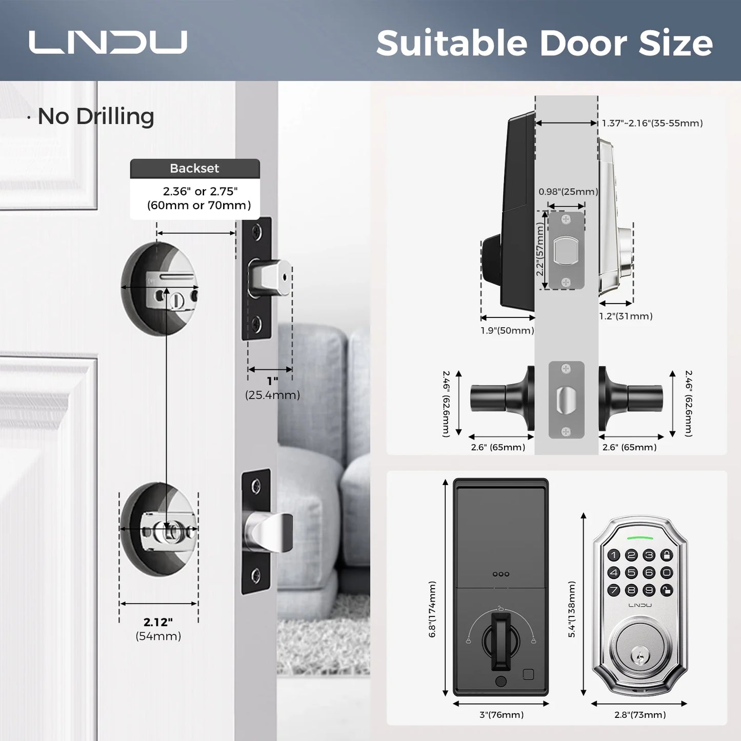 LNDU L180 Smart Door Lock with Handle, Electronic Keypad Deadbolt with App Control, Keyless Entry Door Lock Handle Set, 100 Entry Door Codes, Unique Password, Automatic Deadbolt, One-Touch Locking, Silver