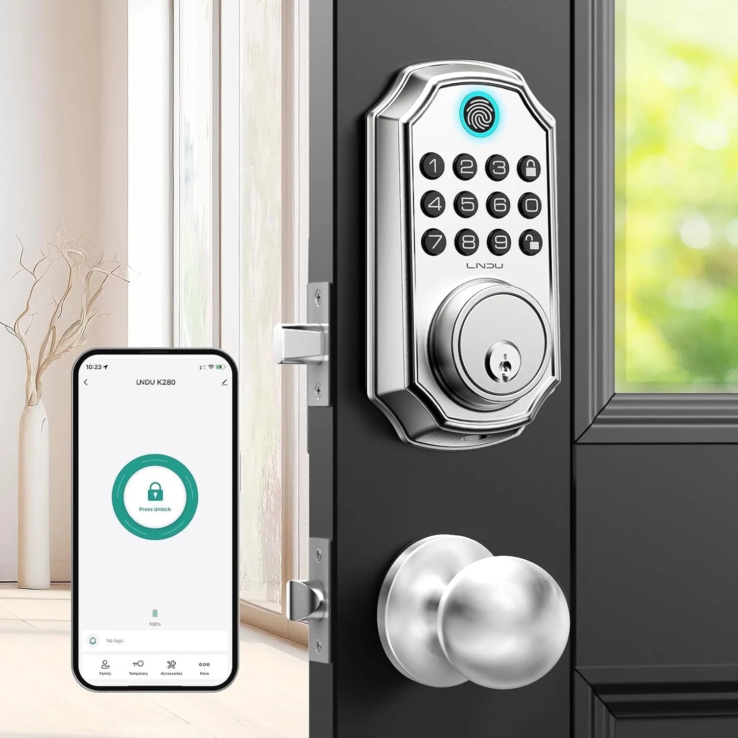 LNDU Keyless Entry Door Lock with Handle, Smart Lock Set with App Control, Fingerprint Door Lock, 100 Codes for Entry Door, Automatic Lock, Anti-Beep Password