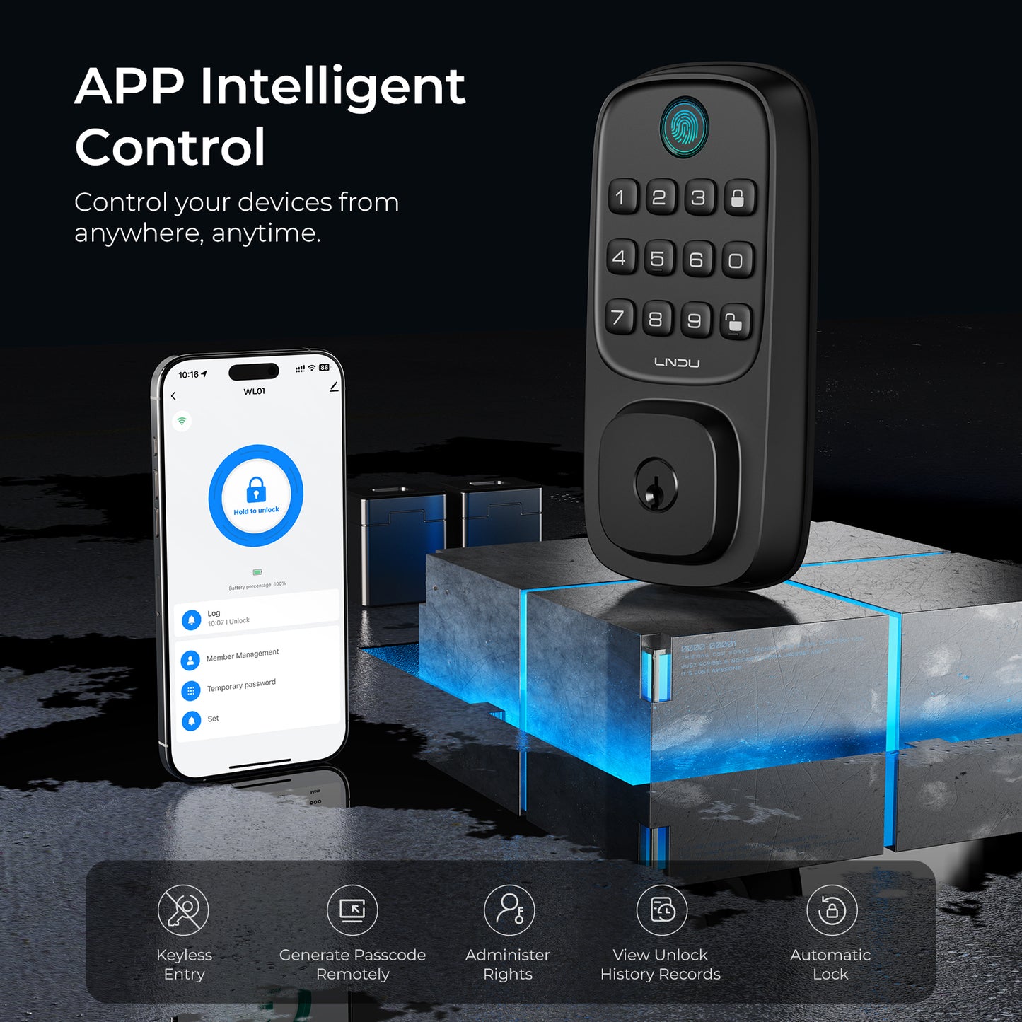 LNDU WL01 Keyless Entry Door Lock, WiFi Smart Keypad Deadbolt with Handle Set, Supports Fingerprint, Amazon Alexa, Google Assistant, App Control, Auto-Lock, One-Time Code, Anti-Peeking Password