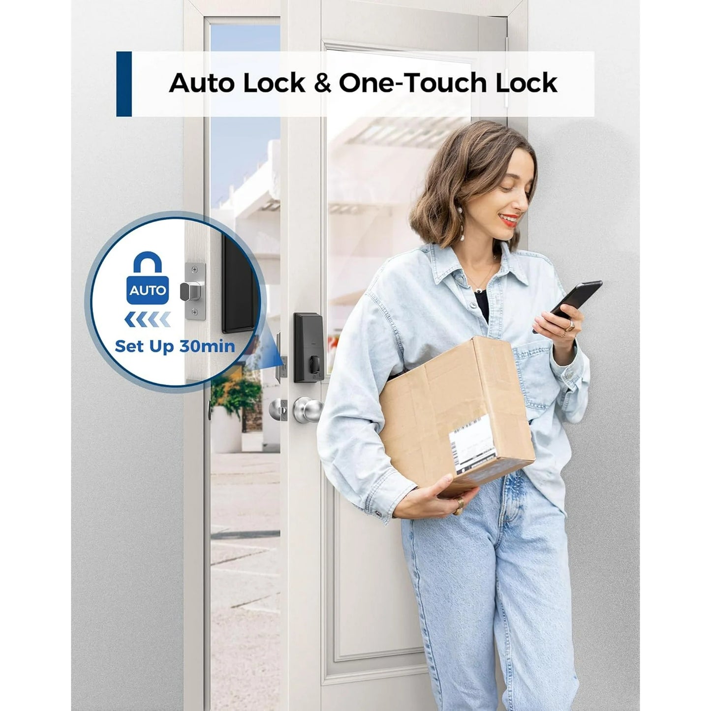 LNDU Keyless Entry Door Lock with Handle, Smart Lock Set with App Control, Fingerprint Door Lock, 100 Codes for Entry Door, Automatic Lock, Anti-Beep Password
