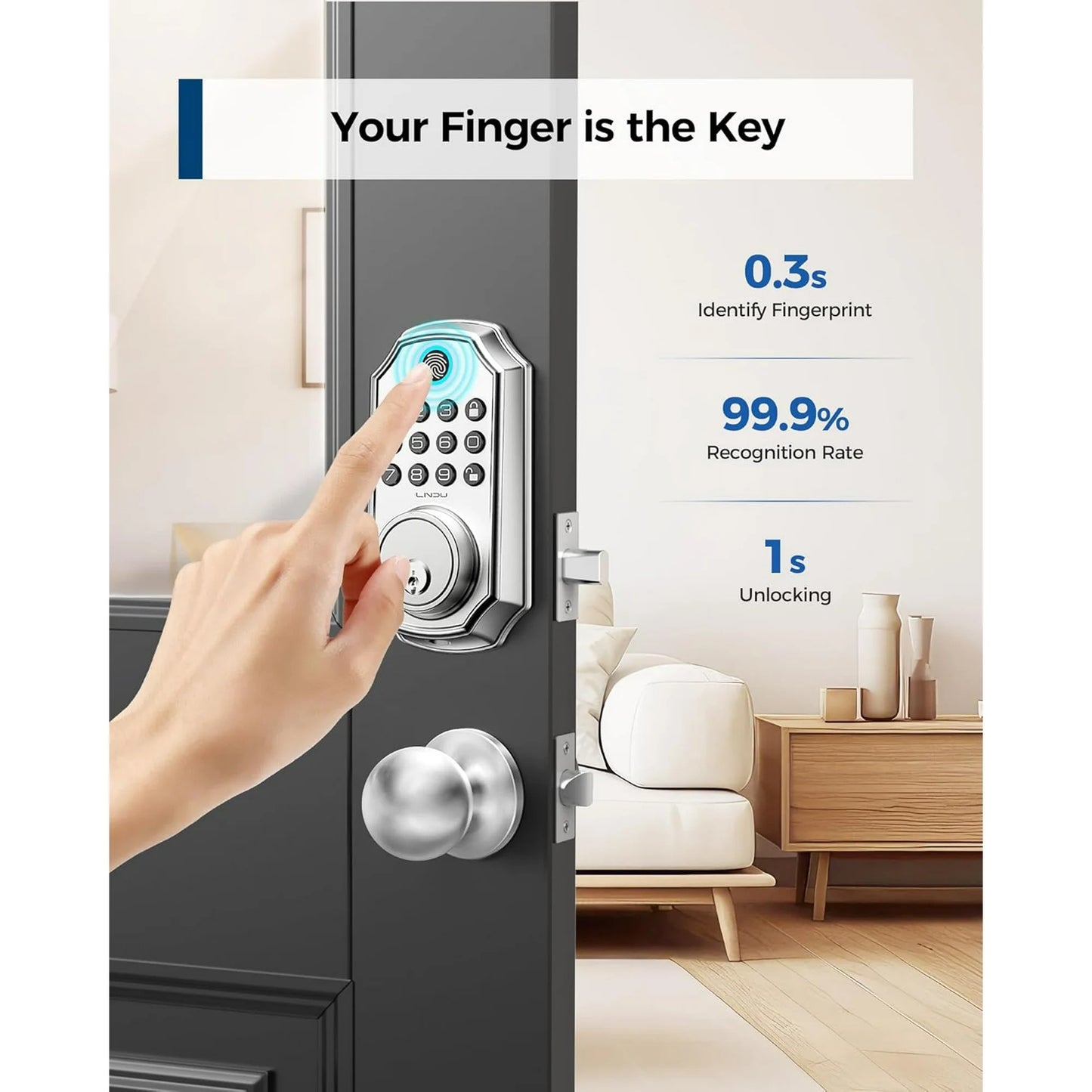LNDU Keyless Entry Door Lock with Handle, Smart Lock Set with App Control, Fingerprint Door Lock, 100 Codes for Entry Door, Automatic Lock, Anti-Beep Password