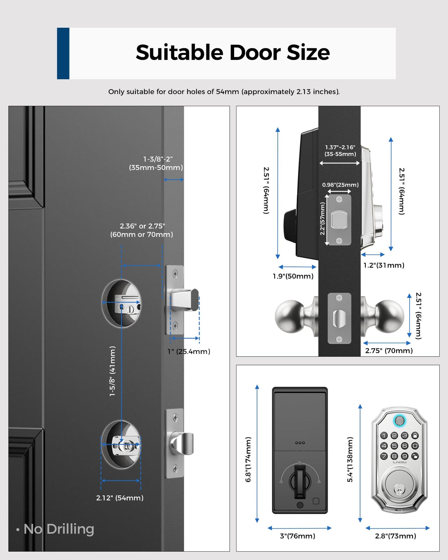 LNDU K280 Keyless Entry Smart Door Lock with Handle, App Control 100 Passcode Door Locks for Front Door, Auto Lock One Touch Lock, Anti-Peeking Password, Easy to Install