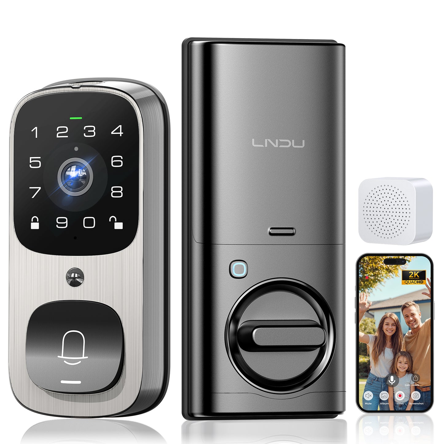 LNDU AL502 Smart Lock with Camera, 6 in 1 Camera+Doorbell+Fingerprint Keyless Entry Door Lock, WiFi Door Locks for Front Door with 32GB eMMC, 2K Doorbell Camera, App Control, PIR Detection, Chime Included