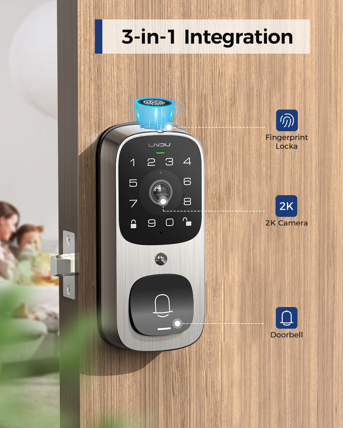 LNDU AL502 Smart Lock with Camera, 6 in 1 Camera+Doorbell+Fingerprint Keyless Entry Door Lock, WiFi Door Locks for Front Door with 32GB eMMC, 2K Doorbell Camera, App Control, PIR Detection, Chime Included
