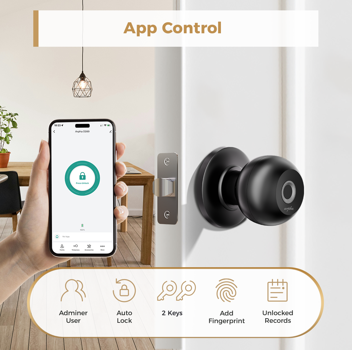 LNDU Smart Fingerprint Door Knob D258 with APP Control and Removable Batteries