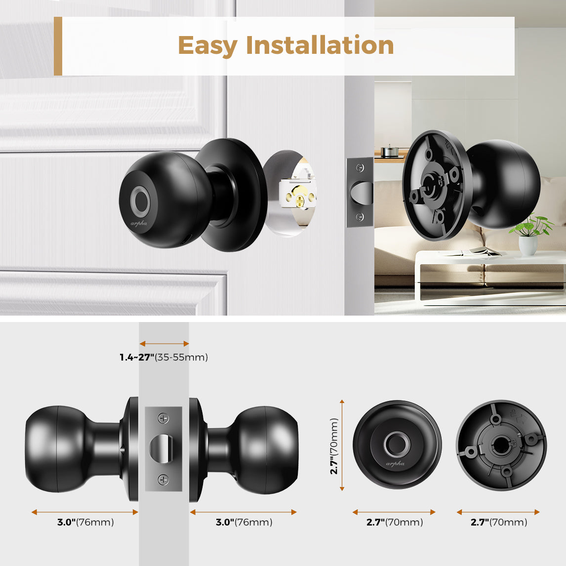LNDU Smart Fingerprint Door Knob D258 with APP Control and Removable Batteries
