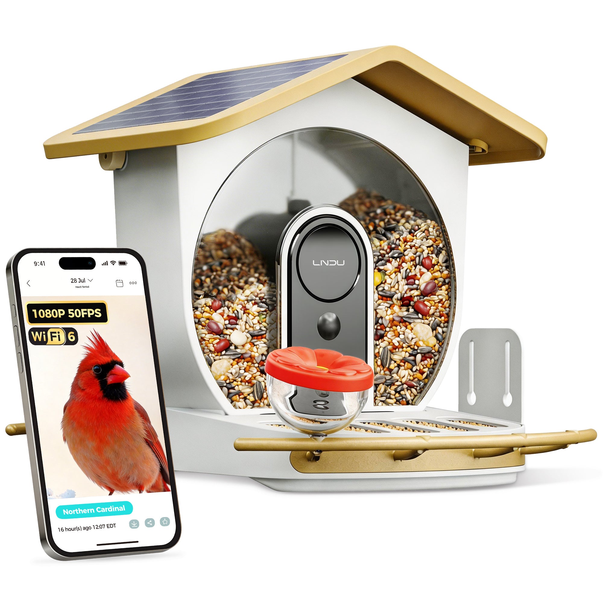 LNDU Smart Bird Feeder with Camera, AI Identifies 11000+ Bird Species, 5GHz/2.4GHz Dual-Band WiFi Bird House, Solar Powered with 5200mAh Battery, 2L Large Capacity, Fruit & Hummingbird Feeder, Free Storage