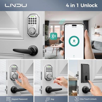 LNDU L180 Smart Door Lock with Handle, Electronic Keypad Deadbolt with App Control, Keyless Entry Door Lock Handle Set, 100 Entry Door Codes, Unique Password, Automatic Deadbolt, One-Touch Locking, Silver