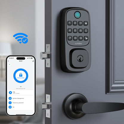 LNDU WL01 Keyless Entry Door Lock, WiFi Smart Keypad Deadbolt with Handle Set, Supports Fingerprint, Amazon Alexa, Google Assistant, App Control, Auto-Lock, One-Time Code, Anti-Peeking Password