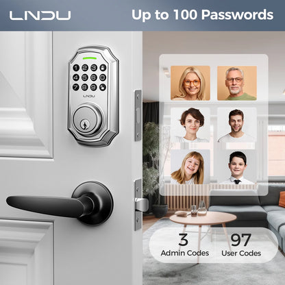 LNDU L180 Smart Door Lock with Handle, Electronic Keypad Deadbolt with App Control, Keyless Entry Door Lock Handle Set, 100 Entry Door Codes, Unique Password, Automatic Deadbolt, One-Touch Locking, Silver