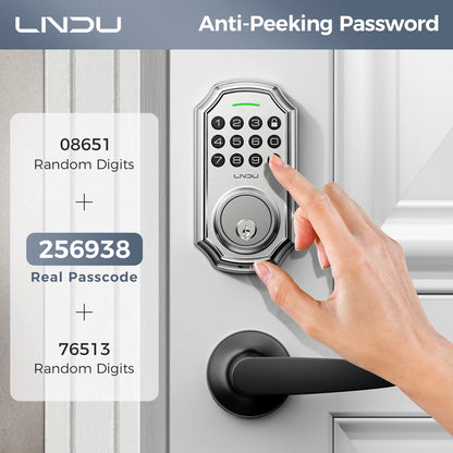 LNDU L180 Smart Door Lock with Handle, Electronic Keypad Deadbolt with App Control, Keyless Entry Door Lock Handle Set, 100 Entry Door Codes, Unique Password, Automatic Deadbolt, One-Touch Locking, Silver