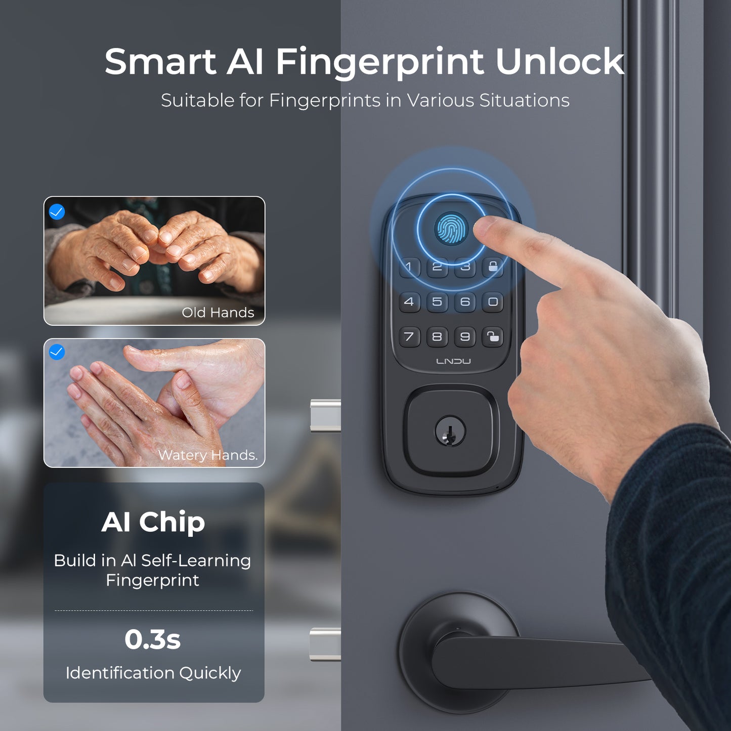 LNDU WL01 Keyless Entry Door Lock, WiFi Smart Keypad Deadbolt with Handle Set, Supports Fingerprint, Amazon Alexa, Google Assistant, App Control, Auto-Lock, One-Time Code, Anti-Peeking Password