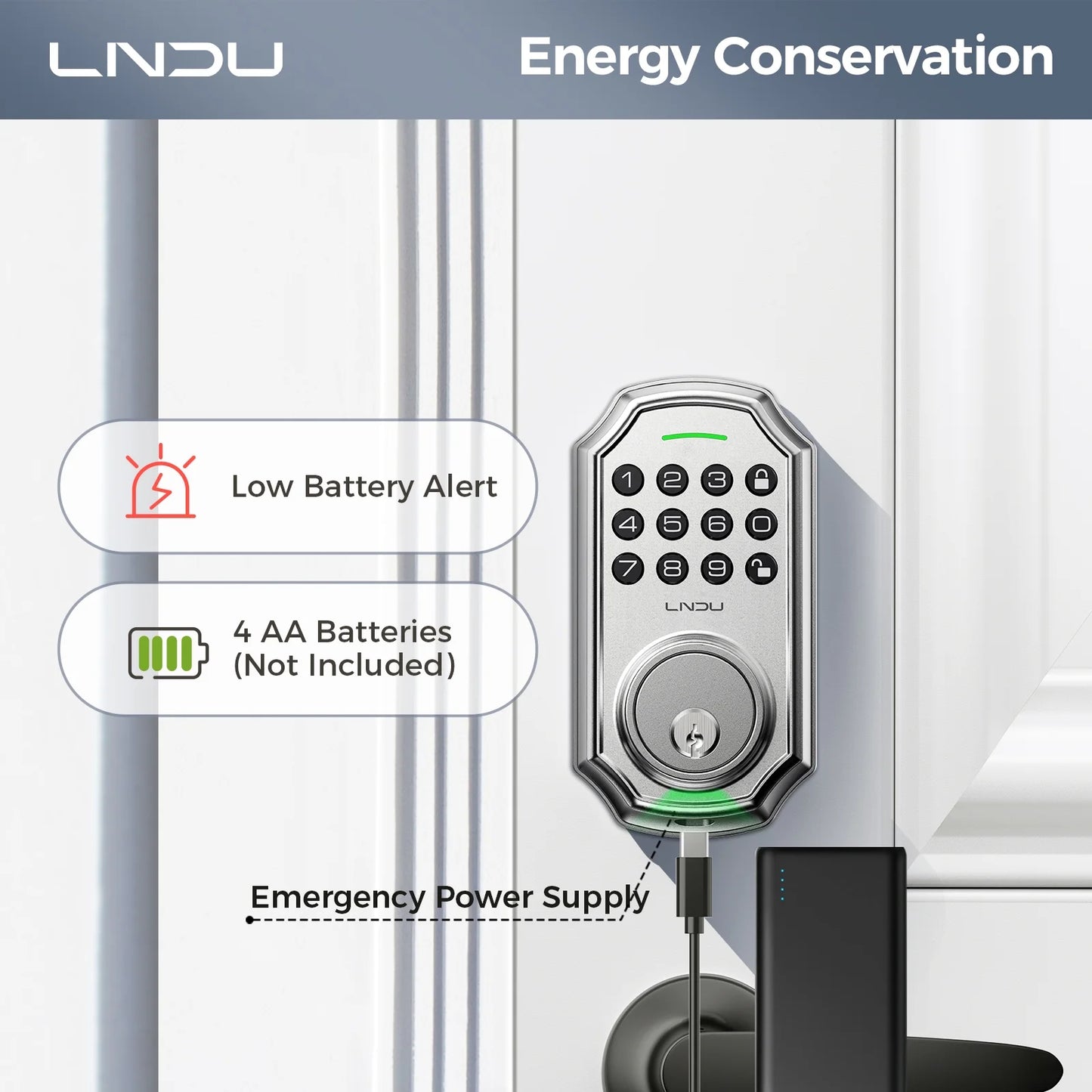 LNDU L180 Smart Door Lock with Handle, Electronic Keypad Deadbolt with App Control, Keyless Entry Door Lock Handle Set, 100 Entry Door Codes, Unique Password, Automatic Deadbolt, One-Touch Locking, Silver
