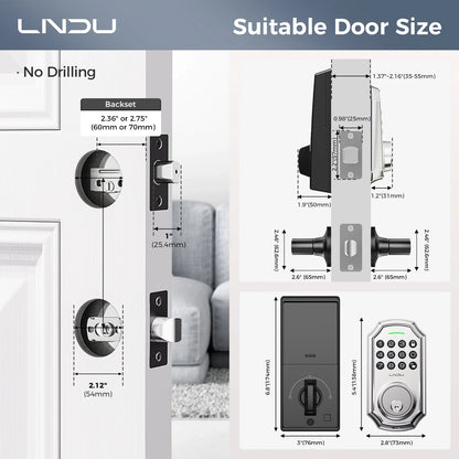 LNDU L180 Smart Door Lock with Handle, Electronic Keypad Deadbolt with App Control, Keyless Entry Door Lock Handle Set, 100 Entry Door Codes, Unique Password, Automatic Deadbolt, One-Touch Locking, Silver