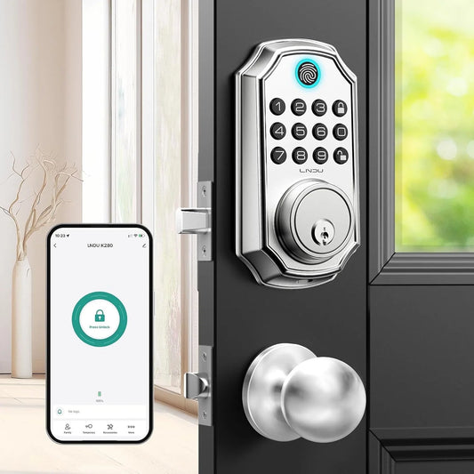 LNDU  Keyless Entry Door Lock with Handle, Smart Lock Set with App Control, Fingerprint Door Lock, 100 Codes for Entry Door, Automatic Lock, Anti-Beep Password