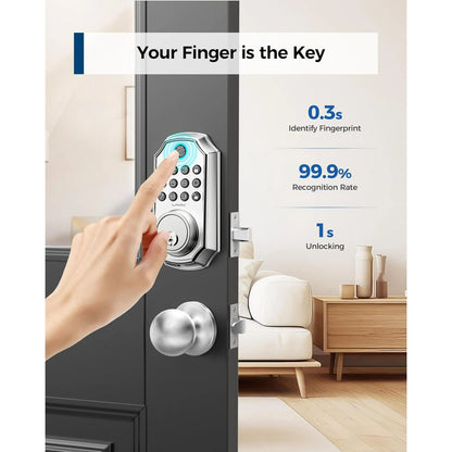 LNDU  Keyless Entry Door Lock with Handle, Smart Lock Set with App Control, Fingerprint Door Lock, 100 Codes for Entry Door, Automatic Lock, Anti-Beep Password
