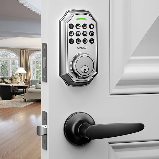 LNDU L180 Smart Door Lock with Handle, Electronic Keypad Deadbolt with App Control, Keyless Entry Door Lock Handle Set, 100 Entry Door Codes, Unique Password, Automatic Deadbolt, One-Touch Locking, Silver